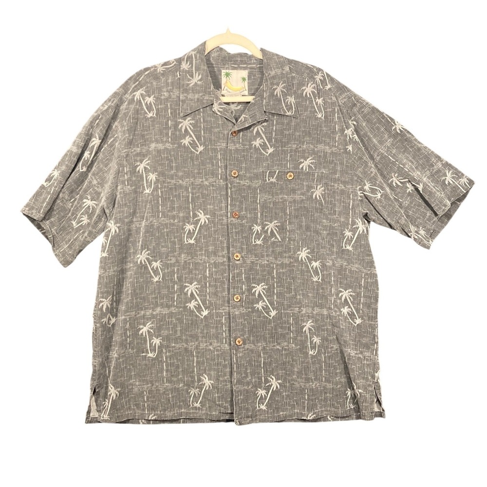 Banana Cabana Mens‎ XL Grey 100% Silk Palm Tree Short Sleeve Camp Button Shirt